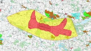 Naboerne i gul og rød zone kan få kompensation for støjen fra F-35. Kort: Forsvarsministeriet