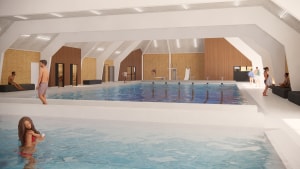 Med den tiltrængte renovering får svømmehallen i Hedensted centret et mere moderne udseende. Illusatrion: Enscape