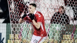 Luka Djordjevic sørgede for den sene udligning, da VB mandag aften spillede 1-1 med FC Midtjylland.  Foto: Mette Mørk