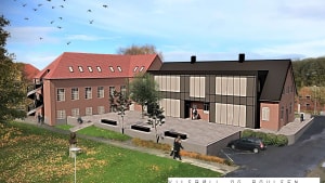 Musik- og kulturhus får et stort opholdsrum uden for. Visualisering: Vilsbøll & Poulsen.