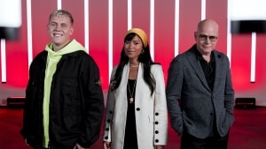 Dommerholdet i X Factor 2022. Fra venstre Martin Jensen, Kwarmie Liv og Thomas Blachman. Foto: Lasse Lagoni/TV 2