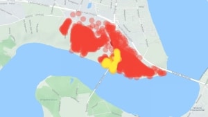 Det røde område er ramt af varmeafbrydelsen, mens det gule område også er ramt af strømafbrydelse. Skærmbillede fra Trefor