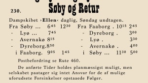 Ellen sejlede femkant-trafik  med tre anløb undervejs Faaborg-Ærø.  (Mindre tydeligt forlæg af fartplan i Søsidens grafiske rekonstruktion) .