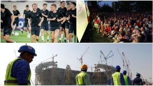 VM i Qatar stiller mange fodboldfans i lidt af et dilemma: Kan man tillade sig at følge begivenhederne i ørkenstaten, når man kender den pris, slutrunden kommer med? Og nytter det overhovedet noget at protestere hjemme i sofaen? Fotos: Mads Claus Rasmussen, Philip Davali, Kai Pfaffenbach/Ritzau Scanpix