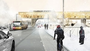 Brabrand Station som den i fremtiden kan se ud med mulighed for skifte mellem tog, letbane og busser. Illustration: Aarhus Kommune