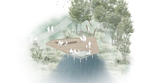 Vand bliver en stor del af parkens indhold. Og ved de kommende søer skal laves vandstationer, som bliver brugbare på mange kreative måder. Illustration: Møller & Grønborg.
