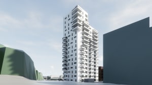 Højhuset med 18/19 etager har byggestart 1. april 2019, og forventes klar til indflytning 1. januar 2021. Visualisering: KPC Herning