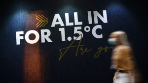 En kvinde i Glasgow går forbi et skilt, som opfordrer til at begrænse temperaturstigninger. Parisaftalen siger, at den globale opvarmning skal holdes under 2,0 grader - og helst under 1,5 grader. Foto: Ben Stansall/Ritzau Scanpix