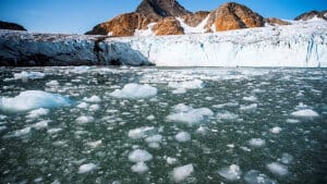 Stykker af is flyder i vandet ud for gletsjeren Apusiajik ud for den sydøstlige del af Grønland. Afsmeltning af gletsjere og iskapper bidrager til den stigene vandstand i verdenshavene. (Arkivfoto). Foto: Jonathan Nackstrand/Ritzau Scanpix