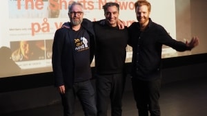Martin Strange-Hansen, Farshad Kholghi og Michael Graversen til kortfilmaften i Grindsted. Pressefoto: Stig Møller