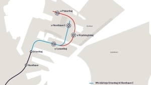 Det er Metroselskabet, der skal undersøge mulighederne for at etablere metroen som en forlængelse af højbanen ved Orientkaj. Det bringer flere stationer i spil i forlængelsen af M4. På kortet ses de to mulige linjeføringer med stationer.