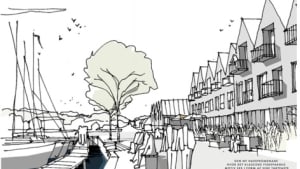 Snart går Færgebyen i Hou fra tegning til virkelighed.  Illustration: Flæks Arkitekter