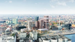 Som Sydhavnskvarteret kommer til at præge byens skyline med blandt andet et kontorhus på 108 meter - højere end Aarhus City Tower i baggrunden. Illustration: A. Enggaard