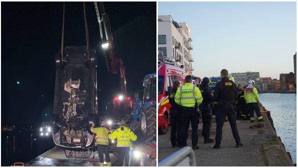 Se videoen: Mand kørte i havnen - her trækker stor kran bilen op af vandet