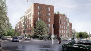 Sådan kommer boligforeningsbyggeriet på hjørnet af Nørre Boulevard og Nørrebrogade til at tage sig ud, når det står færdigt hen mod slutningen af 2022. Illustration: Rubow Arkitekter A/S