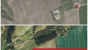 På det nederste billede ser man det fjernede dige på et luftfoto fra 2007. På det øverste billede ser man marken i dag - den gule streg markerer, hvor diget var. Foto: Viborg Kommune