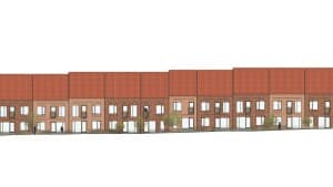 Ginnerup Arkitekter har tegnet Domeas ældreboliger i Ny Havnegade. 11 sammenhængende byhuse med i alt 22 boliger. Byggeriet opføres i rødlige tegl og med sadeltag i røde teglsten. Visualisering: Ginnerup Arkitekter
