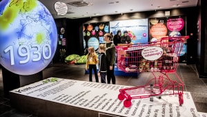 Økolariets udstilling i Bryggen rummer forskellige installationer om forbrug, klima og biodiversitet. I et quiz-spil kan man teste sin viden. Foto: Michael Svenningsen