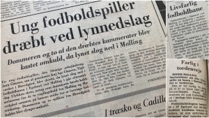 Det var forsidestof 11. juni 1972 i Århus Stiftstidende, at den unge fodboldspiller før blev ramt af lynet og dræbt på stadion i Egelund. Collage: Henrik Lund