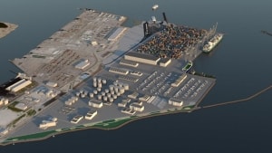 100 hektar og et helt nyt havnebassin. Så meget vil den plads-udfordrede Aarhus Havn gerne udvide. En miljøvurdering kommer nu i offentlig høring. Bemærk smuthullet for småbåde inderst på den nye mole. Visualisering: Cowi