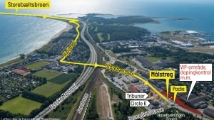 Her ses ruten for Tour de France i Nyborg. Feltet kommer ikke til at køre gennem byen eller Knudshovedvej, men det er der andre der gør. Grafik: Mikkel Petersen