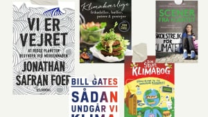 Bæredygtighed til bogreolen. Fotokollage: Politikens Forlag, Gyldendal, Rosinante