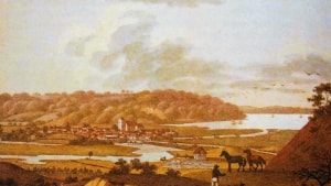 Maleri af Vejle, hvor byen har en udstrækning, som passer til C.V. Petersens beskrivelse. Illustration: Vejle Stadsarkiv