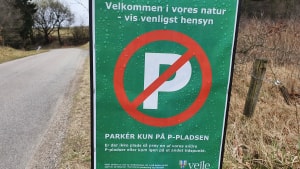 Der har været problemer med parkeringen ved Egtvedpigens Fodspor. Derfor valgte Vejle Kommune at sætte p-vagter, så der blev parkeret sikkert og korrekt. Foto: Martin Søndergaard Jensen
