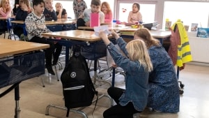 Celina har ikke mod på at stå foran klassen for at fremlægge i engelsk, hvor alle i klassen skal fortælle om et dyr. Men i stedet fremlægger hun ved at sidde bag et bord og holde et par flip-flaps udformet som en pingvin og en elefant, mens hun læser sin tekst op. Hendes lærer, Charlotte Gonnsen, sidder ved siden af og holder hæftet med teksten. Foto: Søren Gylling