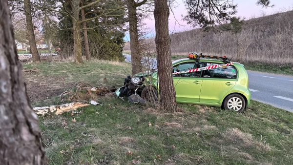 Politi og ambulance rykker ud: Bilist påkører træ