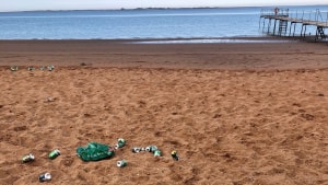 Sådan så stranden ved badebroen ud for Hjerting Strandpark ud onsdag morgen. Og det er helt normalt syn i sommermånederne, hvor flere af strandene i området døjer med affald. Foto: Lars Karkov