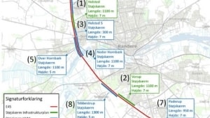 Kortet viser angivet med blå streger og tallene 4-8, hvor borgmester Torben Hansen foreslår, at der laves supplerende støjafskærmninger til de allerede planlagte (grønne 1-3). Illustration: Randers Kommune
