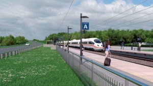 Planen er at en ny jernbane via Solbjerg skal nedsætte rejsetiden for togpendlerne. Illustration: Banedanmark