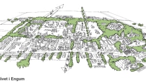 Hvordan skal fremtidens landsby i Engum udformes? Det giver denne skitse fra arkitektfirmaet Art et bud på. Illustration: BEAT/Art