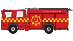 Sådan vil nye Vejle Brandvæsens logo tage sig ud på siden af en brandbil. Illustration: Vejle Kommune