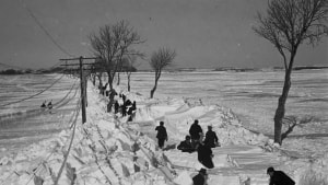 Det var isvinteren i 1942, som satte gang i arbejdet med Børnenes Kontor i Randers. Her er arbejdssomme mænd i gang med at gøre Mariagervej nord for Randers farbar igen. Arkivfoto: Randers Stadsarkiv