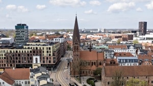 Et kig fra Vægtergården mod en stor del af det nye Odense, som er skabt, efter Thomas B. Thriges Gade blev nedlagt og bebygget i perioden 2014-2022. Foto: Michael Bager