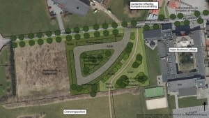 Forvaltningens forslag til parkeringspladser til cirka 75 biler på Grønvangsallé ved Vejen Business College. Illustration: Vejen Kommune