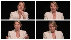 Trine Dyrholm på skærmen fra London. Foto: Screenshot