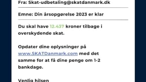 Vær kritisk over for beskeder om betaling eller tilbagebetaling af skat, opfordrer politiet. Tjek afsenderadressen og husk at Skat aldrig i en besked vil bede om at få dine betalingsoplysninger. Illustration: Mit Digitale Selvforsvar.