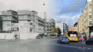 Før og efter billede af opførelsen af Aarhus Rådhus, som i 1941 blev taget i brug. Fotos fra 1940 og 2013