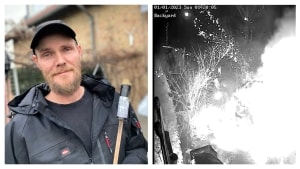 Lennart Axelsen og hans kone fik et chok, da en vildfaren raket pludselig dumpede ned for fødderne af dem og eksplodere to gange. Collage: Søren Plovgaard og overvågningsoptagelse