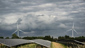 Ved Overgaard ønsker flere firmaer at etablere solcelleanlæg i samme område som vindmøllerne. Det er allerede sket andre steder i landet som her ved sydmotorvejen E47. Arkivfoto: Ida Marie Odgaard/Ritzau Scanpix