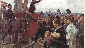 Louis Pio taler til folket ved 'Slaget på Fælleden'. Maleriet skildrer 1872, men er først malet i 1899. Maleri: Emil Henningsen
