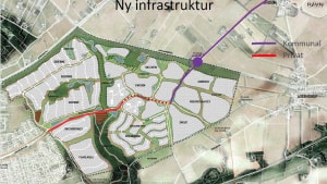 Når det nye vejanlæg står færdigt, vil der være forbindelse mellem Juulsbjergvej og Juelsmindevej på tværs af det store boligområde. Den røde del er privatfinansieret, mens den lilla del er kommunens andel af projektet. Kort: Ravn Arkitektur