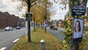 Det vrimler med plakater i træerne på Skanderborgvej på trods af, at partierne har aftalt, at de ikke vil hænge valgplakater i træer. Plakaterne hænger til gengæld lovligt. Foto: Jakob Langkilde
