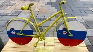 Cyklen med det slovenske flag er blevet skændet. Måske, fordi folk har troet, det er det russiske flag. Cyklen er siden blevet repareret, så den atter står skarpt. Foto: Jørgen Flindt