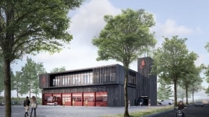 Sådan kommer den nye brandstation med tårn til at se ud i Højbjerg. Stationen får også værksted for alle køretøjer under Østjyllands Brandvæsen. Og en underjordisk opsamlingstank til regnvand. Visualisering: CUBO Arkitekter