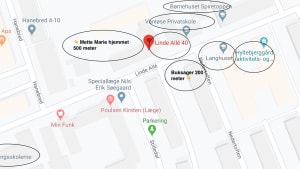 De afmærkede steder er de institutioner og skoler, der allerede findes på Linde Allé i Vanløse. Botilbuddet skal placeres på Linde Allé 40, der hvor den røde prik er. - Foto. Google maps