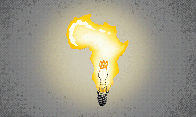 Flere og flere afrikanere får i stigende grad strøm fra off grid-solceller. Det giver befolkningen i selv de mest afsides dele af Afrika mulighed for at bruge alt fra mobilopladere til køleskabe. Illustration: Lauge Eilsøe-Madsen
